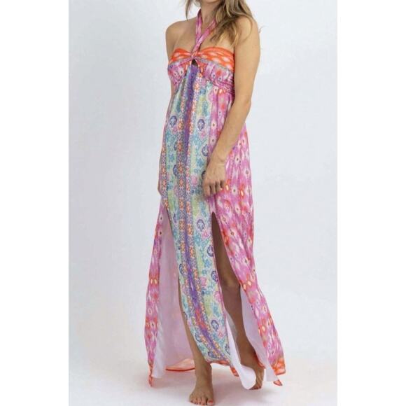 Fate Women's Saulsalito Halter Tie Maxi Dress Front Slits Floral Resort Wear NWT - Picture 2 of 11